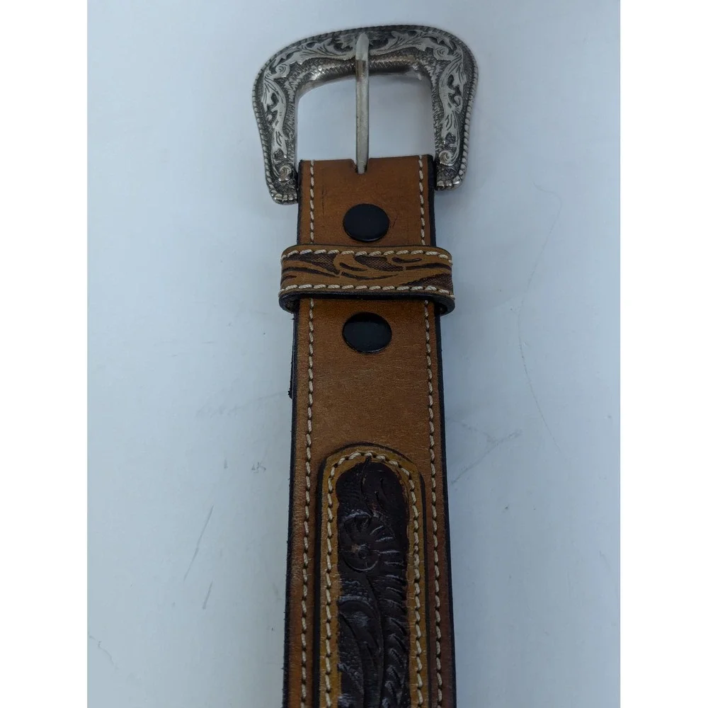 G Bar D Mens 46 Cognac Leather Cowboy Belt Whipstitch Concho Removable Buckle